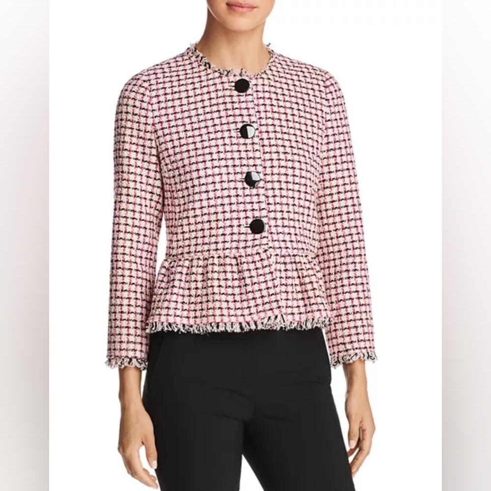 Kate Spade New York Pink Cropped Tweed Peplum Jacket Size 8 Fringe Bold Buttons - Picture 3 of 15